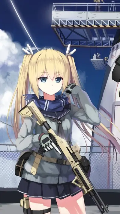 Blonde anime girl with gun, sailor dress, and serious expression