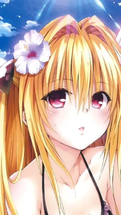 Blonde anime girl with pink eyes, flower on head, pouting