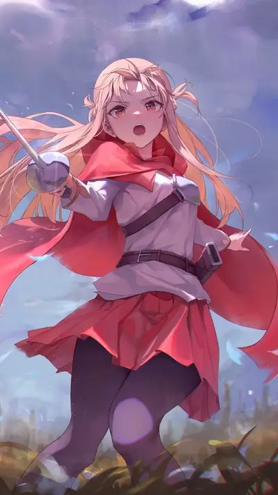 Blonde anime girl with red cloak wielding rapier in action pose, surprised expression