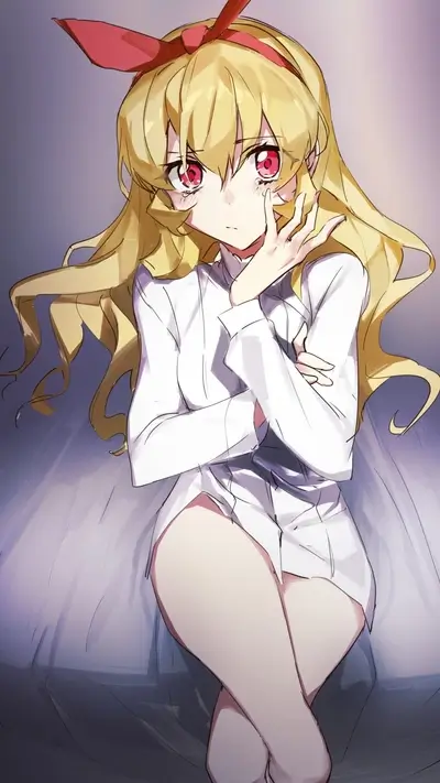 Blonde anime girl with red eyes and red ribbon