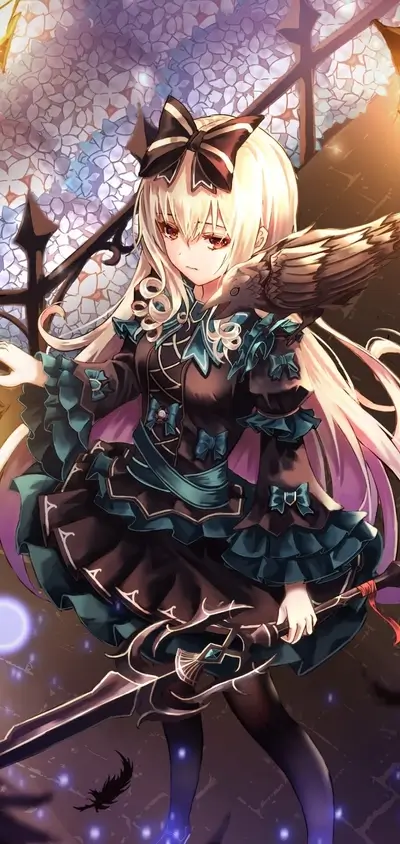 Blonde anime girl with red eyes, dark dress, raven on shoulder and decorative sword.