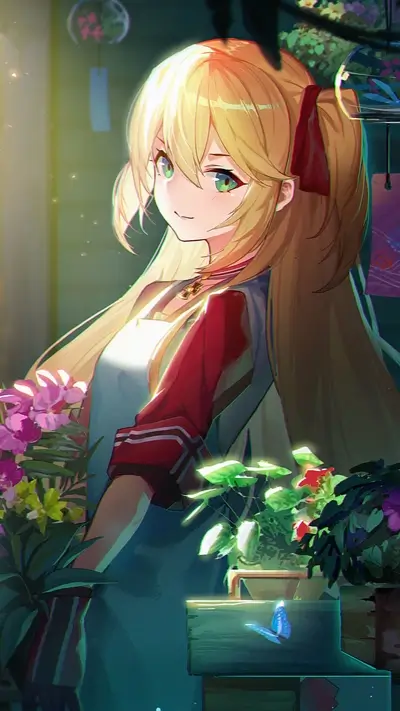 Blonde anime girl with red ribbon in her hair around flowers and greenery