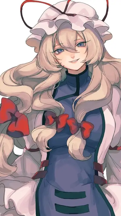 Blonde anime girl with red ribbons and smile