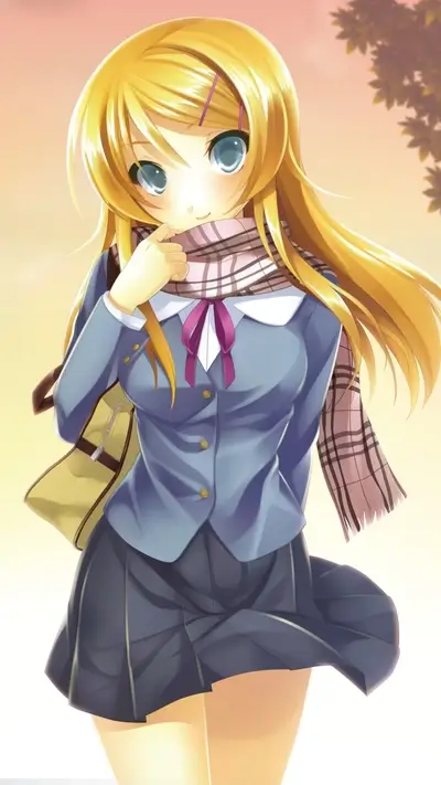 Blonde anime girl with scarf and school uniform, charming smile