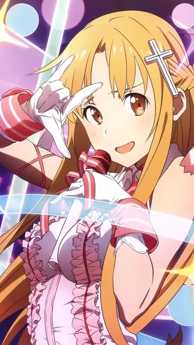 Blonde anime girl with white dress and a microphone in hands, vibrant background