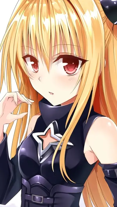 Blonde anime woman with red eyes posing