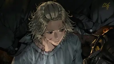 Blonde boy with blood on face in dark dramatic surroundings