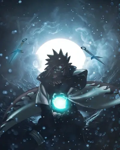 Blonde character in action, holding glowing Rasengan against a backdrop of moonlight and kunai
