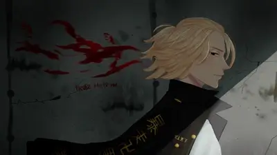 Blonde character looking back against dark wall with blood splatters
