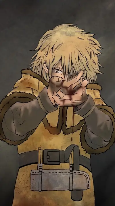 Blonde character with blood on hands stares intensely