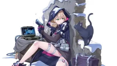 Blonde female operative, armed, surrounded by gear, sits alert with black cat