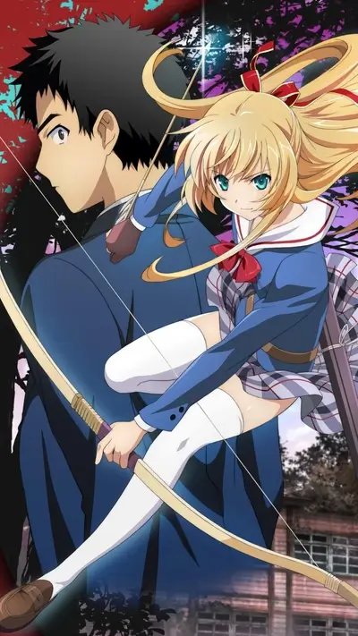 Blonde girl archer with bow and arrow stands before a man