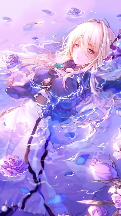 Blonde girl floats among roses, with light blue, and bright white flashes, she's pretty