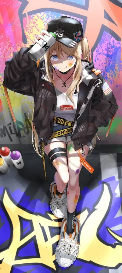 Blonde girl graffiti artist holding spray paint can near wall art