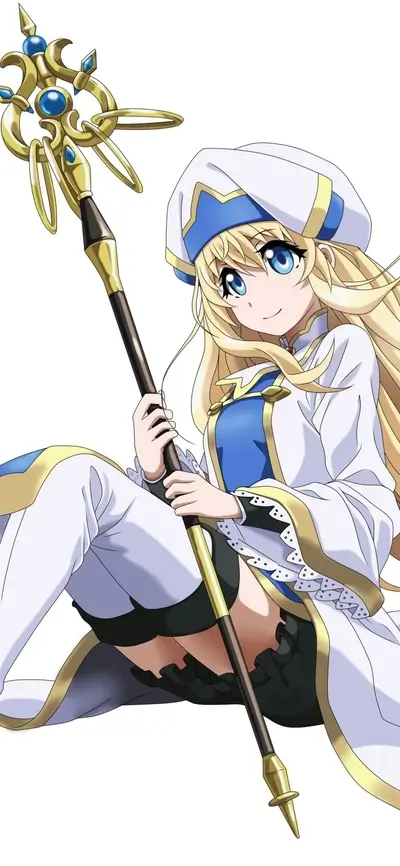 Blonde girl holding golden staff with blue orbs