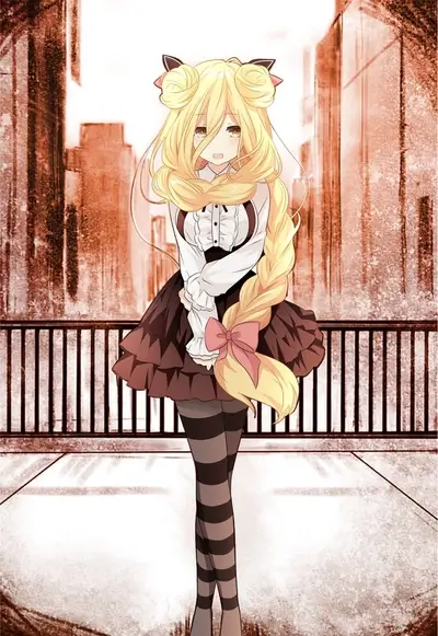 Blonde girl in a brown dress standing on a balcony