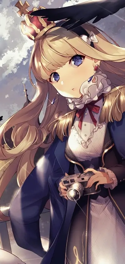 Blonde girl in a crown holding a camera