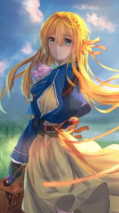 Blonde girl in blue jacket and yellow dress