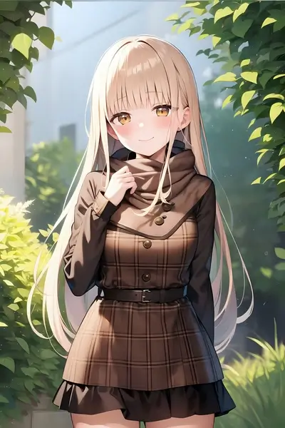 Blonde girl in brown plaid dress, outdoors