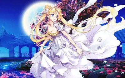 Blonde girl in flowing white dress under full moon and cherry blossoms