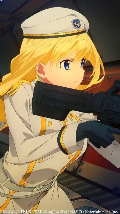 Blonde girl in military uniform aiming a gun