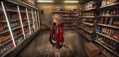 Blonde girl in red jacket holding bottle, standing in convenience store aisle
