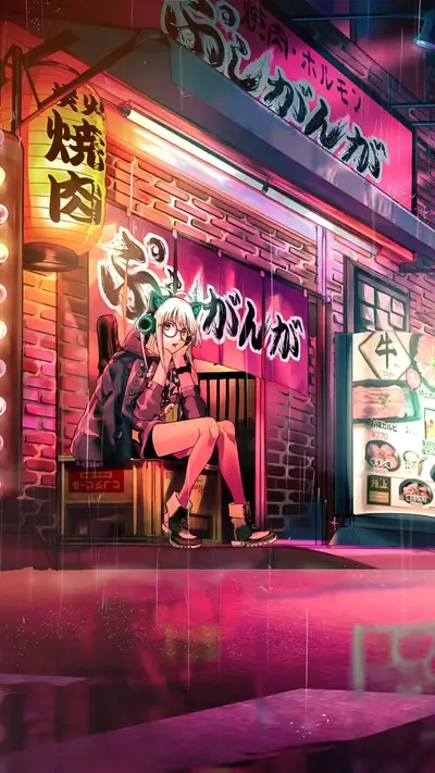 Blonde girl sitting in street at night, in city atmosphere, with rain effects
