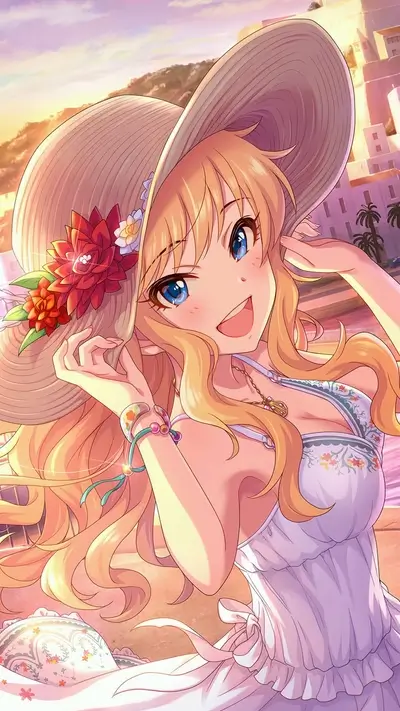 Blonde girl wearing a hat smiling at the viewer in a summer outfit