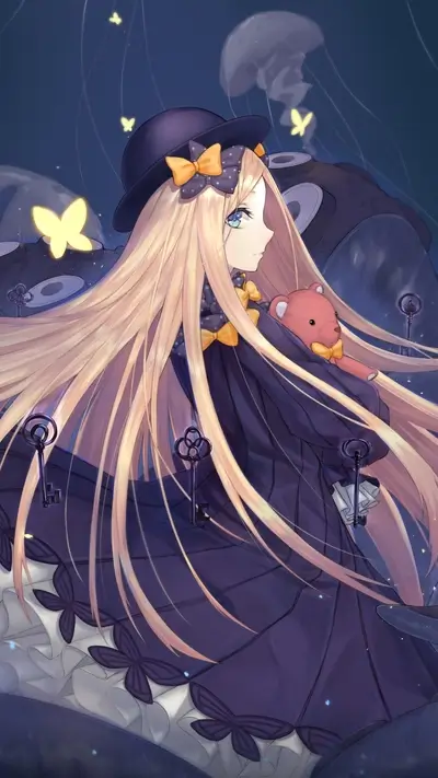 Blonde girl with a teddy bear, jellyfish, butterflies, and keys in a whimsical scene