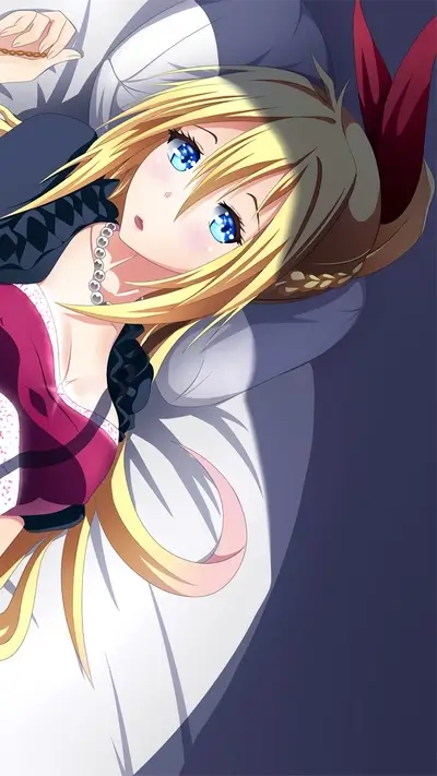 Blonde girl with blue eyes lying on a bed