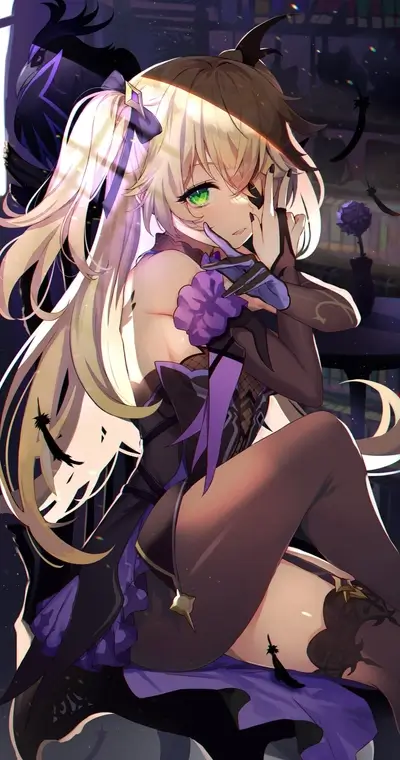 Blonde girl with green eyes, feather accessories and her familiar