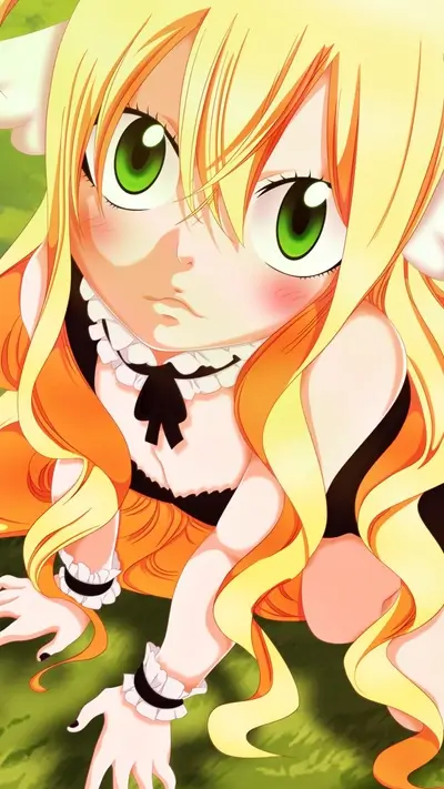 Blonde girl with green eyes in dress, looking upwards