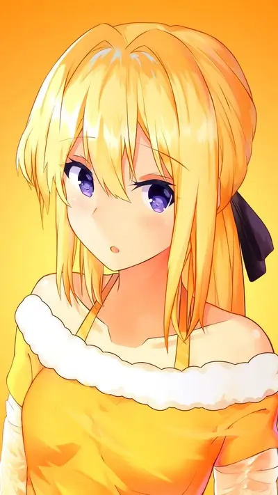 Blonde girl with purple eyes, wearing yellow top and black ribbon.