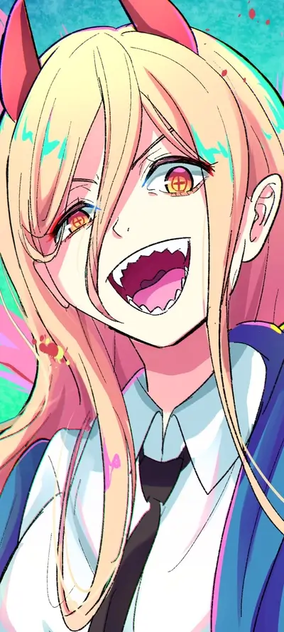 Blonde girl with red horns grinning widely
