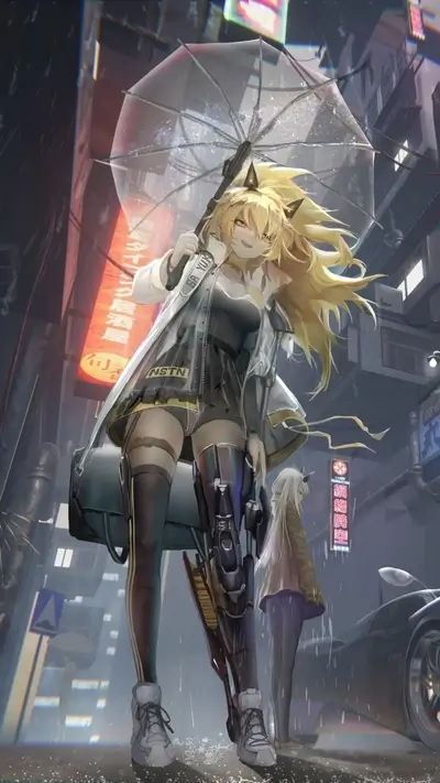 Blonde girl with umbrella stands tall in rain in a modern city.