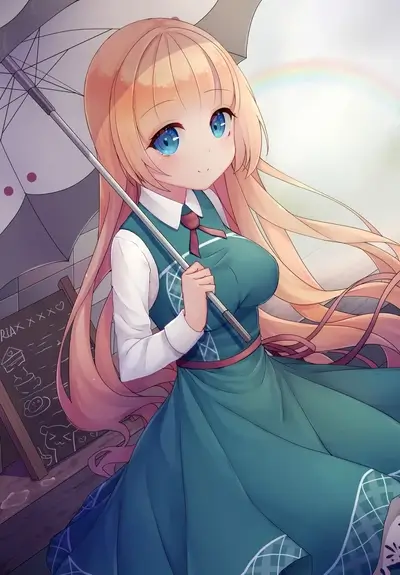 Blonde girl with umbrella, teal dress, and rainbow