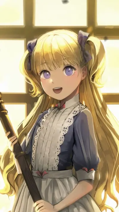 Blonde girl with violet eyes smiles gently, holding a dark brown staff