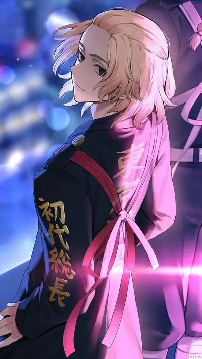 Blonde hair character in jacket with golden inscription