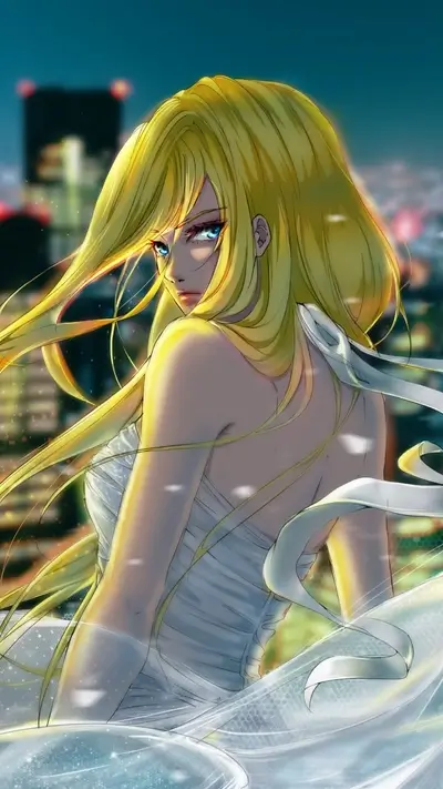 Blonde-haired anime character in white dress looking back against a city backdrop at night.