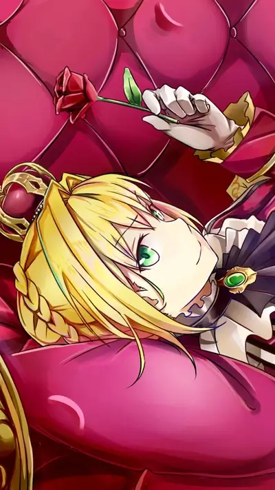 Blonde haired anime character lying down on red sofa