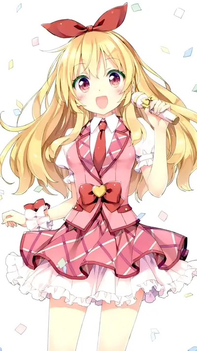 Blonde-haired anime girl in a pink outfit singing into a microphone