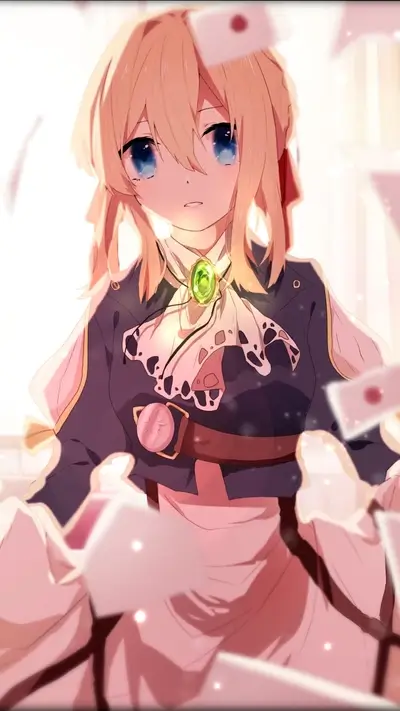 Blonde-haired anime girl in period attire surrounded by letters, gentle lighting, expressive blue eyes
