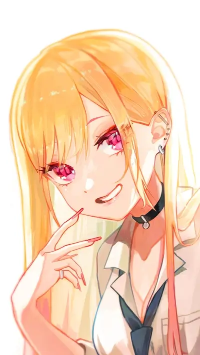 Blonde-haired anime girl in school uniform, smiling mischievously, accessorized with piercings and choker