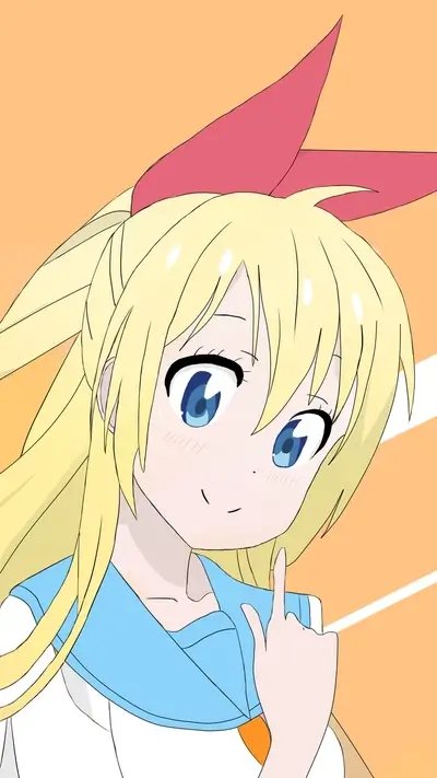 Blonde-haired anime girl, ribboned hair, playful, with a hint of thought