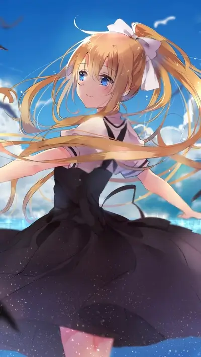 Blonde-haired anime girl with blue eyes in a black dress, seaside and blue sky backdrop