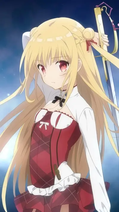 Blonde-haired anime girl with red eyes holding a sword