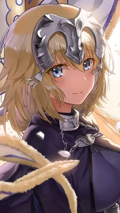 Blonde haired anime girl with striking blue eyes and silver headwear, smiling slightly