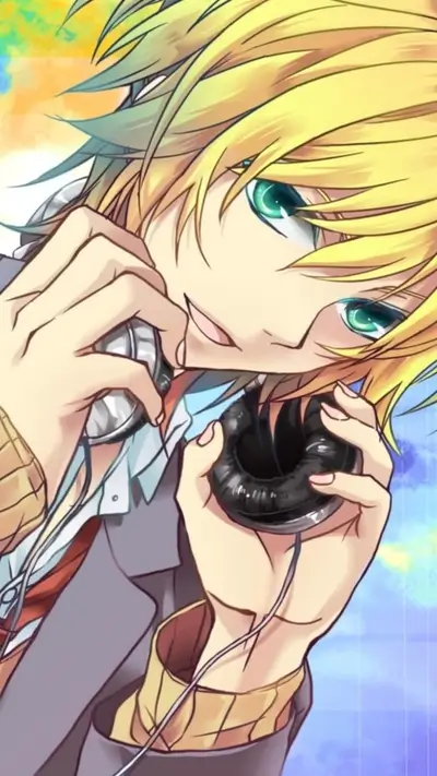Blonde haired boy with headphones, vibrant art style, striking eyes
