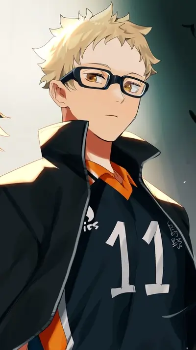 Blonde haired character with glasses wearing Karasuno volleyball uniform
