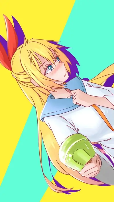 Blonde haired girl in school uniform with colorful background
